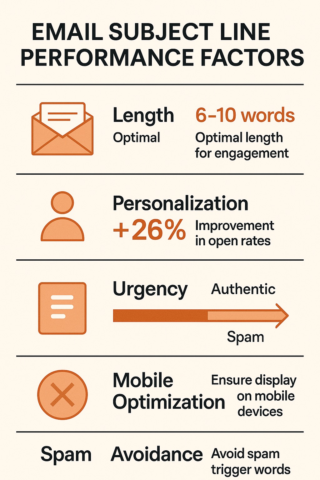 Email-Subject-Line-Performance-Factors Nfographic showing key factors that influence email subject line performance and open rates