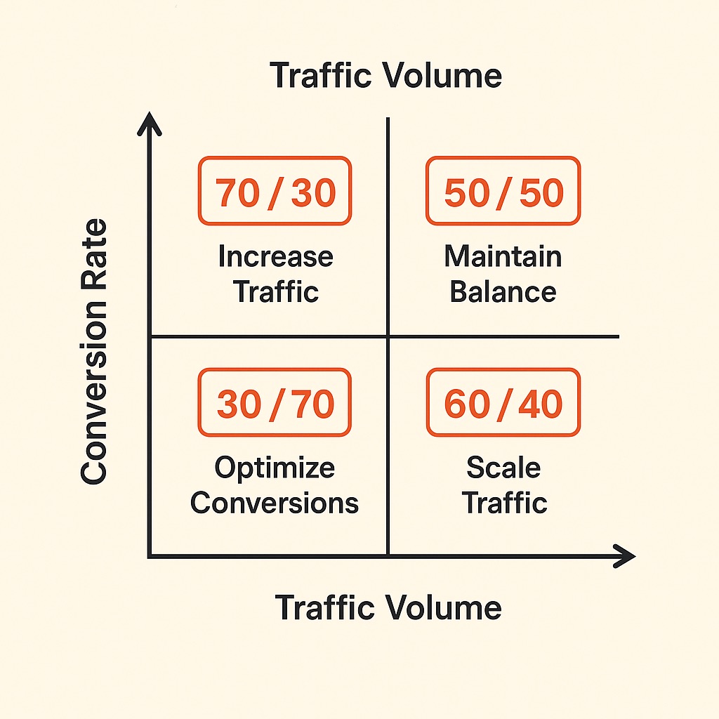 Seo-Cro-Decision-Matrix. Decision matrix for determining seo vs cro budget allocation based on traffic and conversion rates