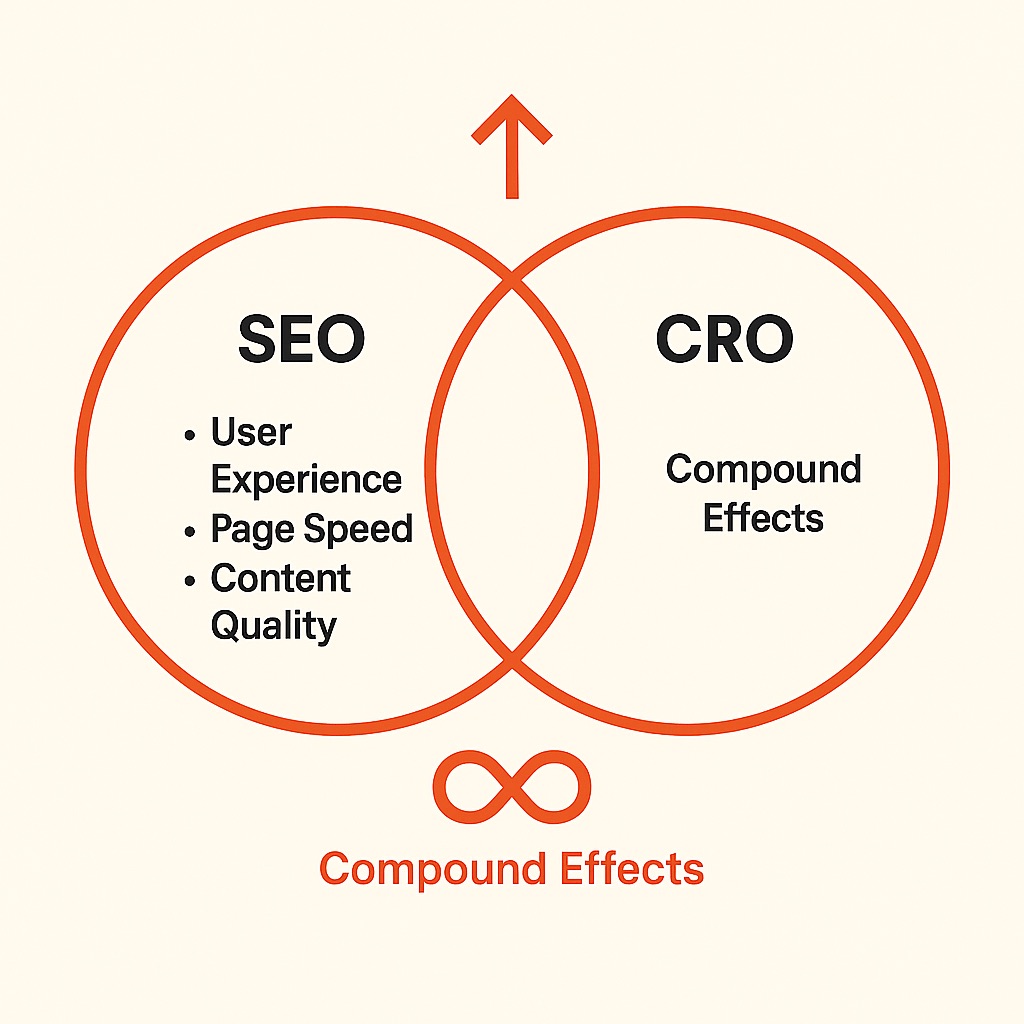 Seo-Cro-Integration-Benefits Diagram showing benefits of integrating seo and cro strategies for ecommerce growth
