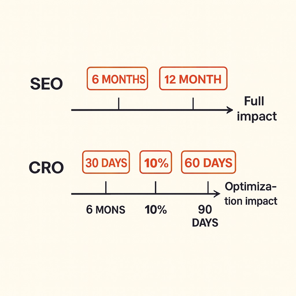 Seo-Cro-Timeline-Comparison Comparison timeline showing expected results timeframe for seo vs cro investments